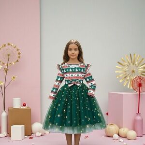 Green Starry Kids Formal Dress